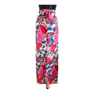 Rachel Zoe pink red multi full leg elastic waist & waist sash tie size large new